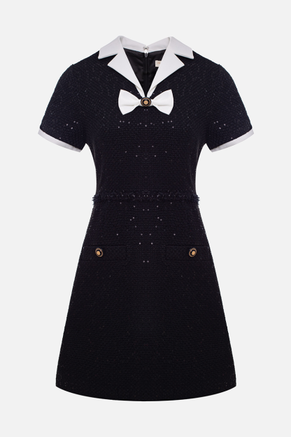 Colorblock Short Sleeve Lapel Collar Sequin Mini Dresses-Black-Hayhty.All Rights Reserved.