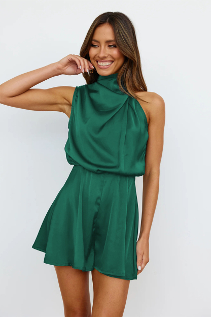 Satin Halter Sleeveless Button High Waist White Elegant Romper Playsuit-Hayhty.All Rights Reserved.