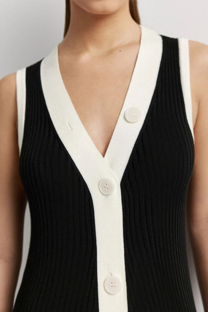 Colorblock Button-Up V Neck Sleeveless Knit Maxi Dresses-White-Hayhty.All Rights Reserved.