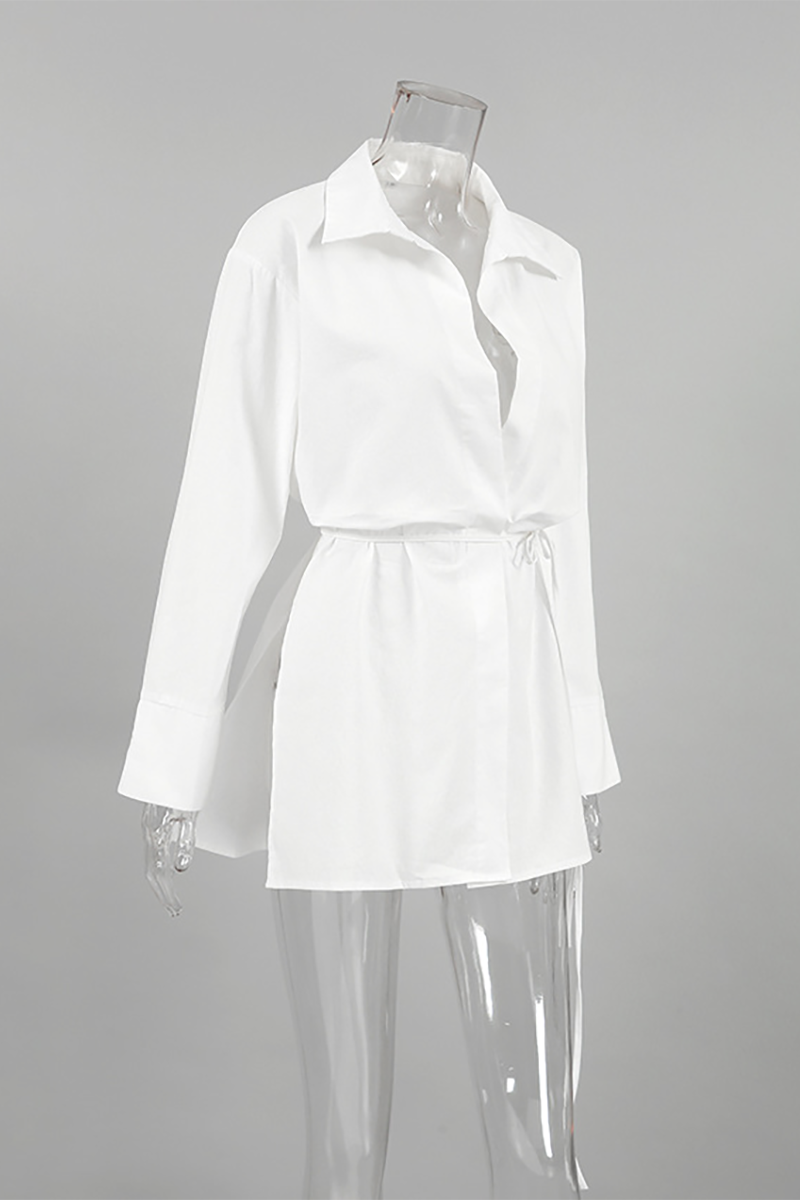 Turndown Collar Long Sleeve Tie Up Solid Color Side Slit Blouse-White-Hayhty.All Rights Reserved.