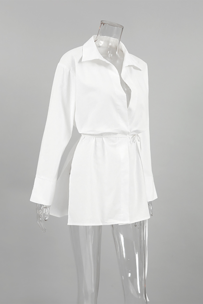 Turndown Collar Long Sleeve Tie Up Solid Color Side Slit Blouse-White-Hayhty.All Rights Reserved.
