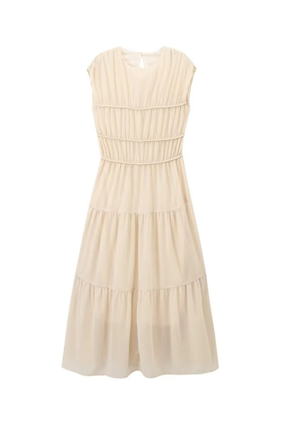 Sleeveless Ruched A-Line Flowy Maxi Dresses-Beige-Hayhty.All Rights Reserved.