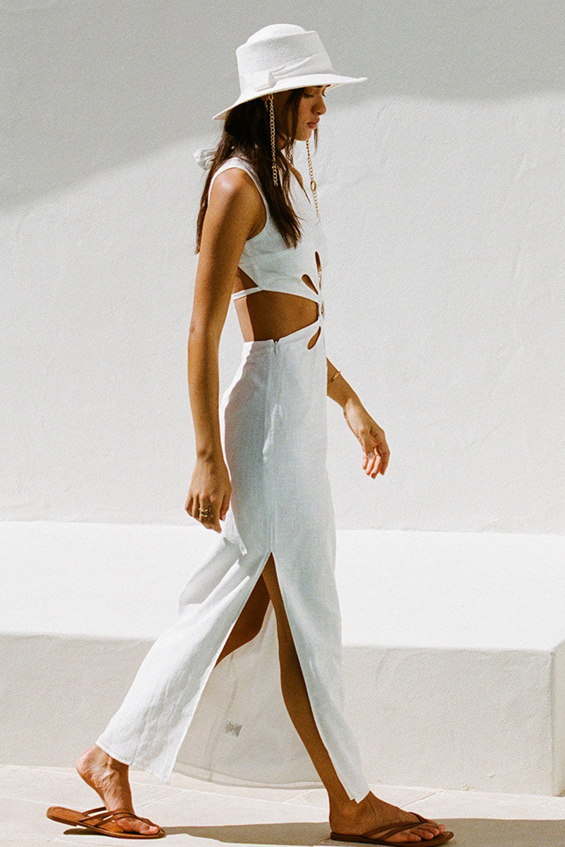 White Cutout Hollow Out Tied Up Sleeveless High Neck Slit Slim Maxi Dresses-Hayhty.All Rights Reserved.