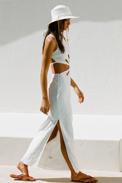White Cutout Hollow Out Tied Up Sleeveless High Neck Slit Slim Maxi Dresses-Hayhty.All Rights Reserved.