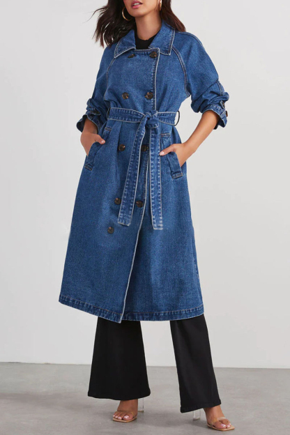 Turndown Collar Long Sleeve Double-Breasted Tie Up Denim Trench Coat-Blue-Hayhty.All Rights Reserved.