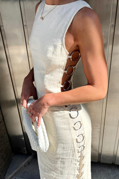 Boat Neck Metallic O-Ring Decor Sleeveless Cutout Plain Maxi Dresses-Hayhty.All Rights Reserved.