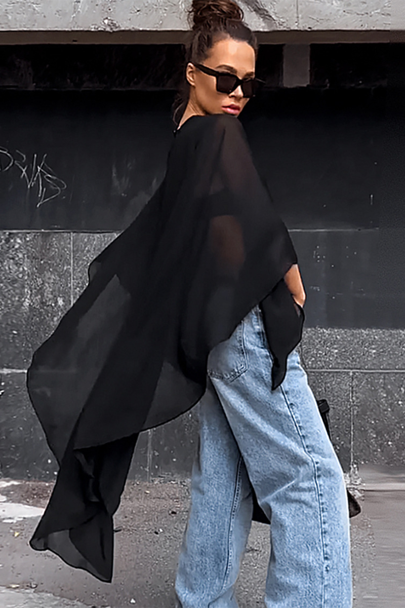 Round Neck Batwing Sleeve Irregular High-Low Flowy Top-White-Hayhty.All Rights Reserved.