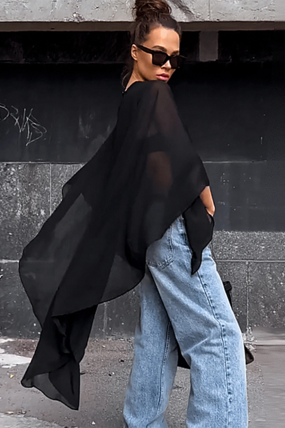 Round Neck Batwing Sleeve Irregular High-Low Flowy Top-White-Hayhty.All Rights Reserved.