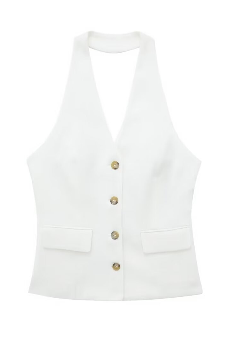 Halter Neck Button Up Vest Straight Leg Pants Matching Set-White-Hayhty.All Rights Reserved.