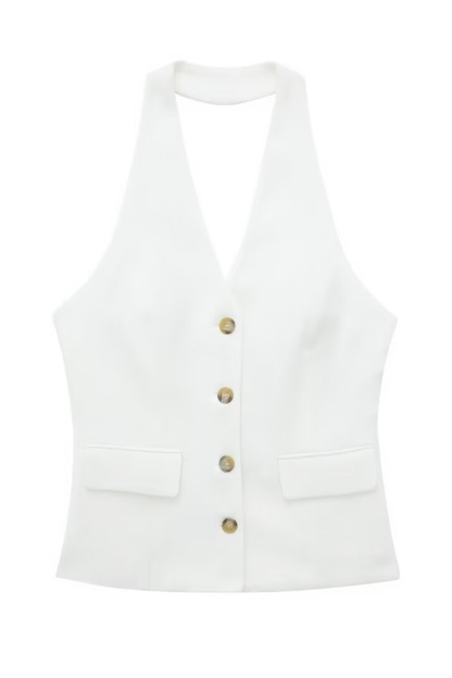 Halter Neck Button Up Vest Straight Leg Pants Matching Set-White-Hayhty.All Rights Reserved.