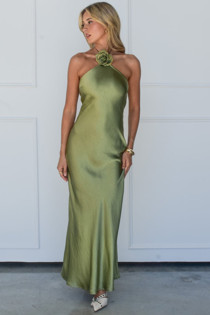 Halter Rosette Decor Open Back Slim Fit Satin Maxi Dresses-Green-Hayhty.All Rights Reserved.