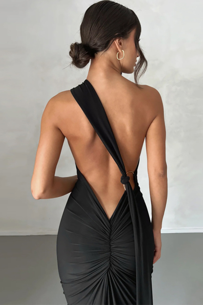 One Shoulder Sleeveless Sash Ring Decor Ruched Backless Elegant Evening Gown White Maxi Dresses-Hayhty.All Rights Reserved.