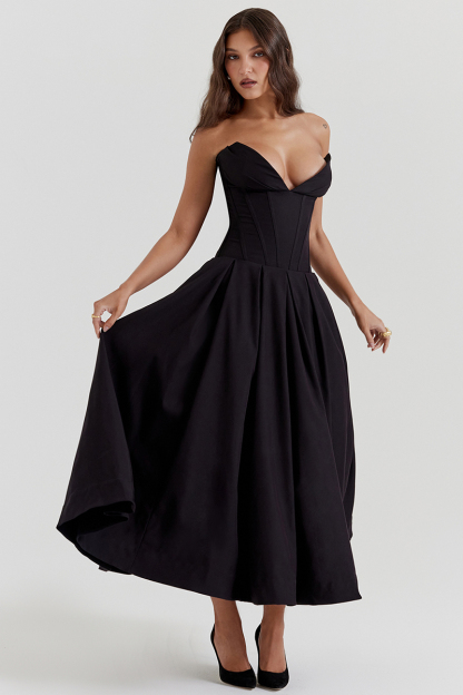 Deep V Neck Strapless Corset A-Line Pleated Midi Dresses-Black-Hayhty.All Rights Reserved.