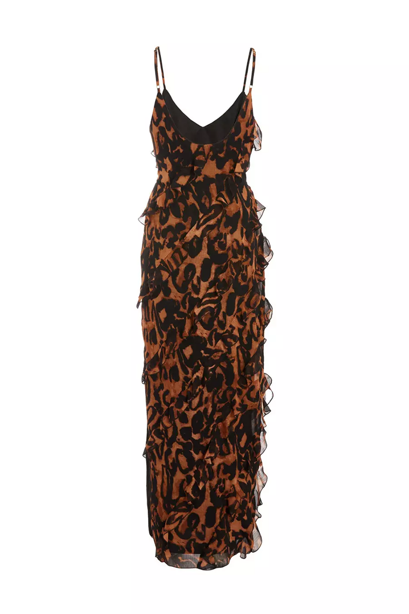 Leopard Print V Neck Side Slit Ruffled Slip Maxi Dresses-Brown-Hayhty.All Rights Reserved.