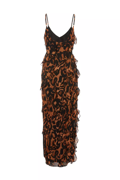 Leopard Print V Neck Side Slit Ruffled Slip Maxi Dresses-Brown-Hayhty.All Rights Reserved.