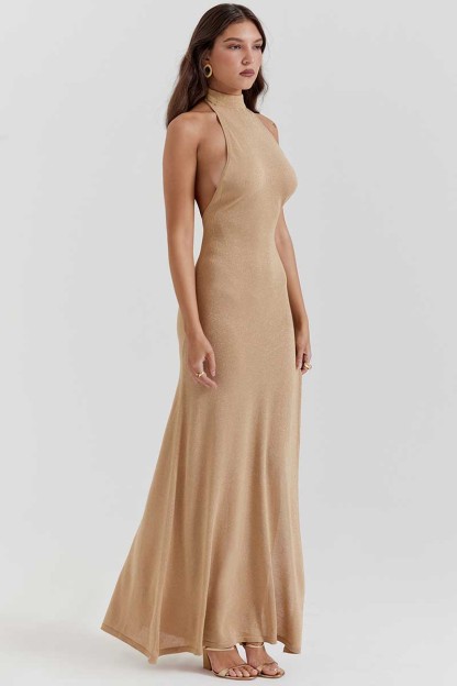 Stand Collar Backless High Slit Party Maxi Dresses-Khaki-Hayhty.All Rights Reserved.