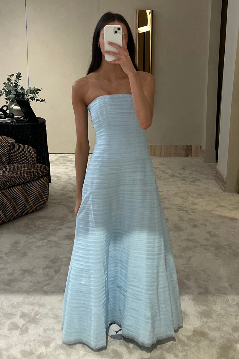 Solid Color Textured A-Line Gowns Maxi Tube Dresses-Blue-Hayhty.All Rights Reserved.