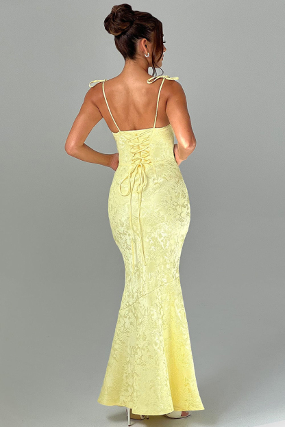 Lace Up Spaghetti Strap Slim Fit Jacquard Maxi Dresses-Yellow-Hayhty.All Rights Reserved.