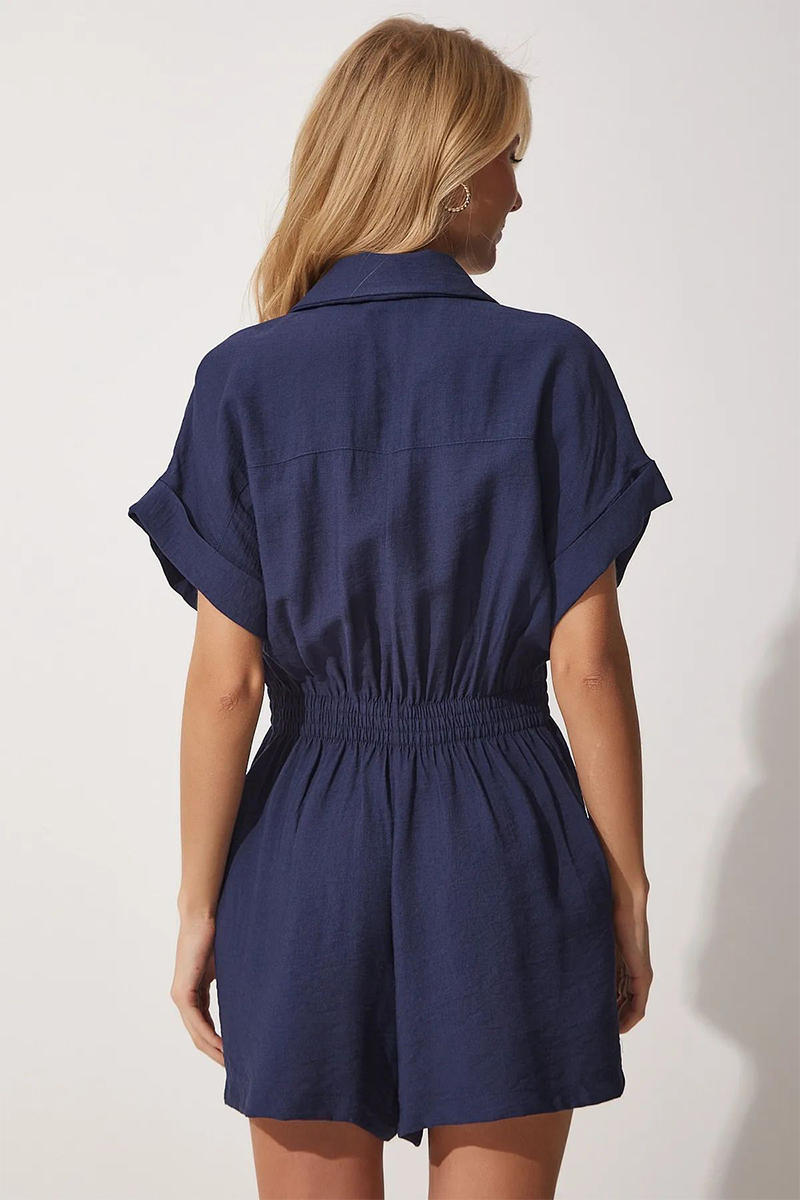 Turndown Collar Short Sleeve Pockets Solid Color Casual Playsuit Romper-Khaki-Hayhty.All Rights Reserved.