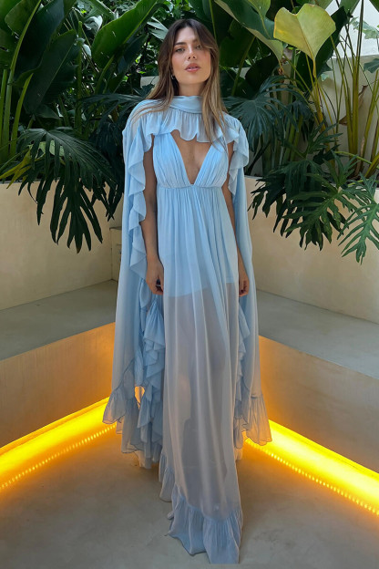 Ruffled Cape Deep V Neck Flowy Slip Maxi Dresses 2pcs Set-Blue-Hayhty.All Rights Reserved.
