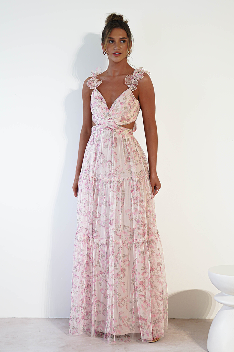 Ditsy Floral Print Frill Straps Backless Tulle Gowns Maxi Dresses-Pink-Hayhty.All Rights Reserved.