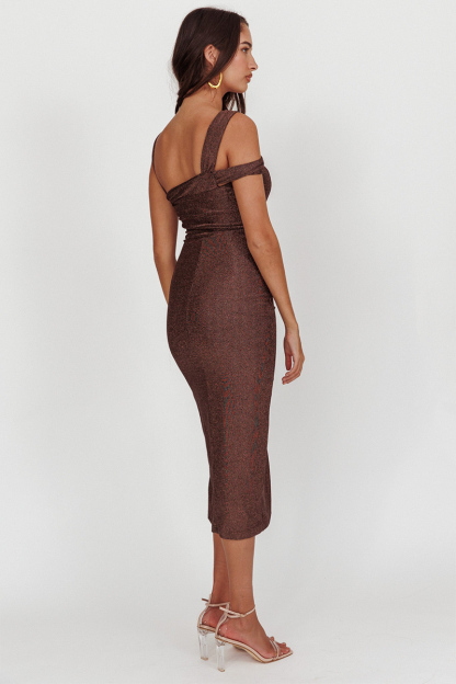 Asymmetrical Straps Bodycon Slit Glittering Midi Dresses-Brown-Hayhty.All Rights Reserved.