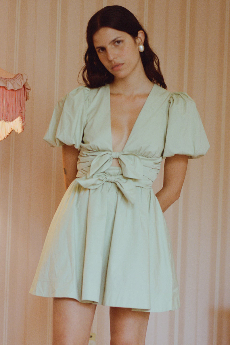 Deep V Neck Puff Sleeve Front Bow A-Line Mini Dresses-Green-Hayhty.All Rights Reserved.
