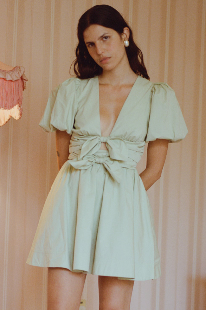 Deep V Neck Puff Sleeve Front Bow A-Line Mini Dresses-Green-Hayhty.All Rights Reserved.