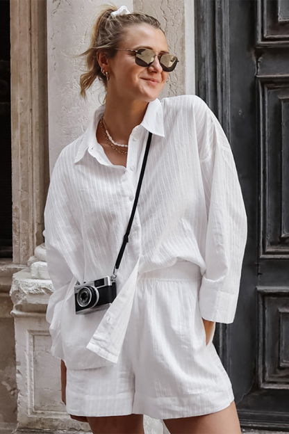 Striped Print Long Sleeve Loose Fit Blouse Casual Shorts Matching Set-White-Hayhty.All Rights Reserved.