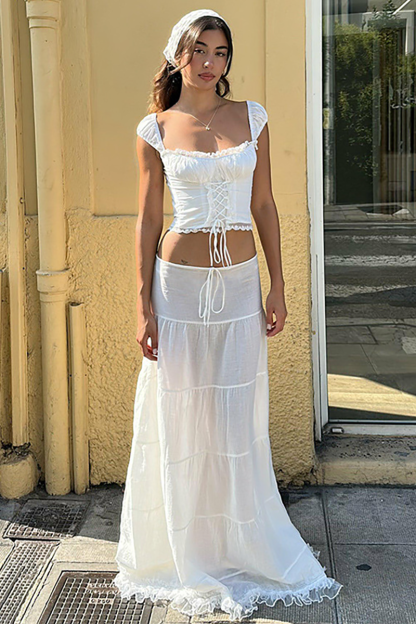 Lace Trim Front Lace Up Wide Strap Crop Top Ruffled Hemline Maxi Skirt Matching Set-White-Hayhty.All Rights Reserved.