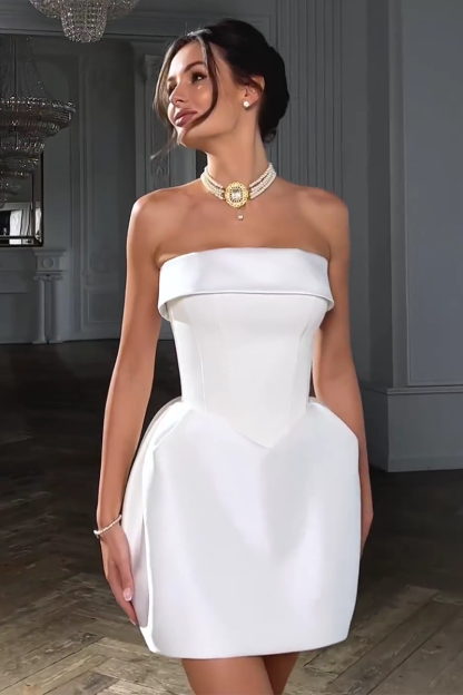 Solid Color Strapless Puffy Hem Cocktail Party Mini Dresses-White-Hayhty.All Rights Reserved.