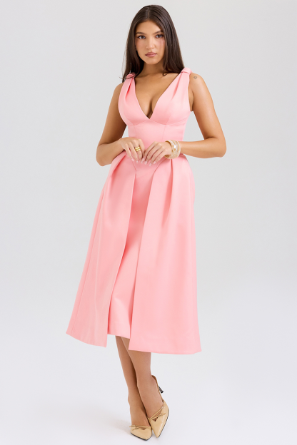 Deep V Neck Cinch Waist Satin Midi Tank Dresses-Pink-Hayhty.All Rights Reserved.
