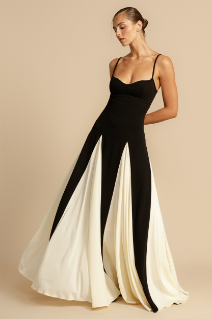 Colorblock Patchwork A-Line Flowy Slip Maxi Dresses-Black-Hayhty.All Rights Reserved.