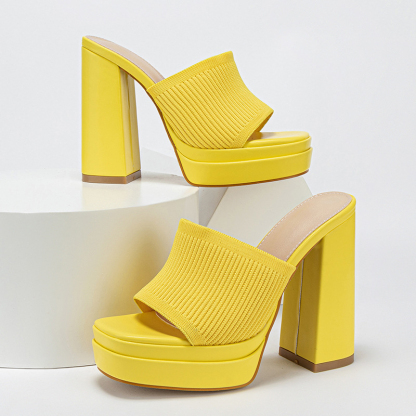 Knit Patchwork Square Toe Platform Chunky Heels-Blue-Hayhty.All Rights Reserved.