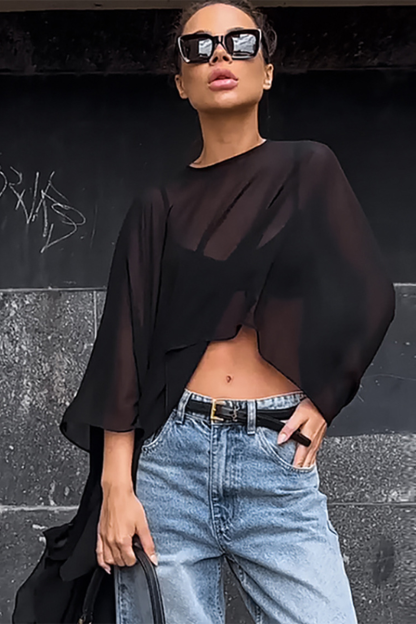 Round Neck Batwing Sleeve Irregular High-Low Flowy Top-White-Hayhty.All Rights Reserved.