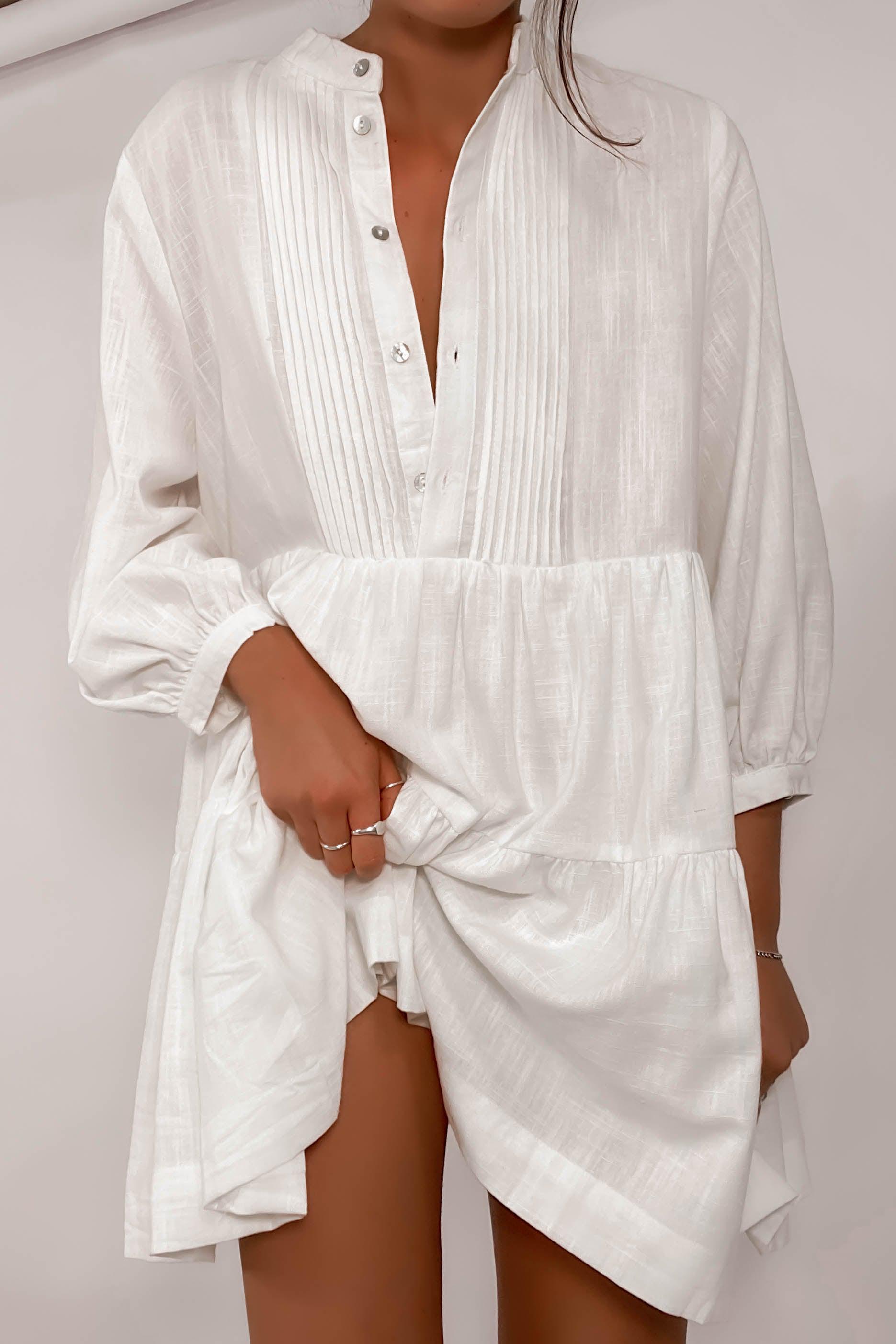 Long Sleeve Button White Mini Dresses-Hayhty.All Rights Reserved.