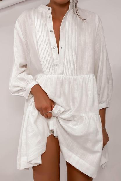 Long Sleeve Button White Mini Dresses-Hayhty.All Rights Reserved.