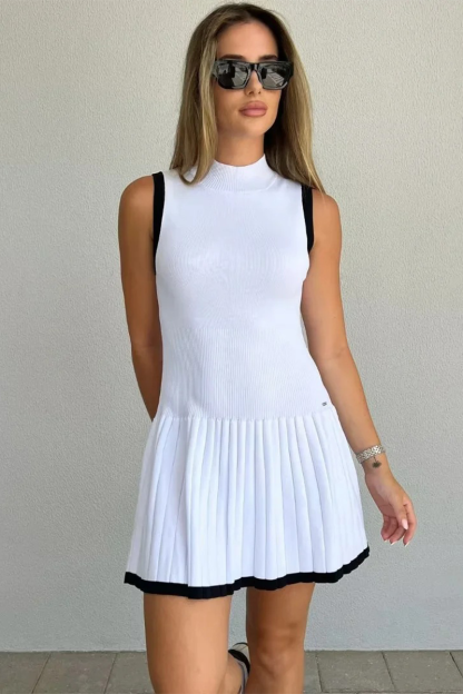 Stand Collar Colorblock Trim Pleated Hem Knit Mini Tank Dresses-White-Hayhty.All Rights Reserved.