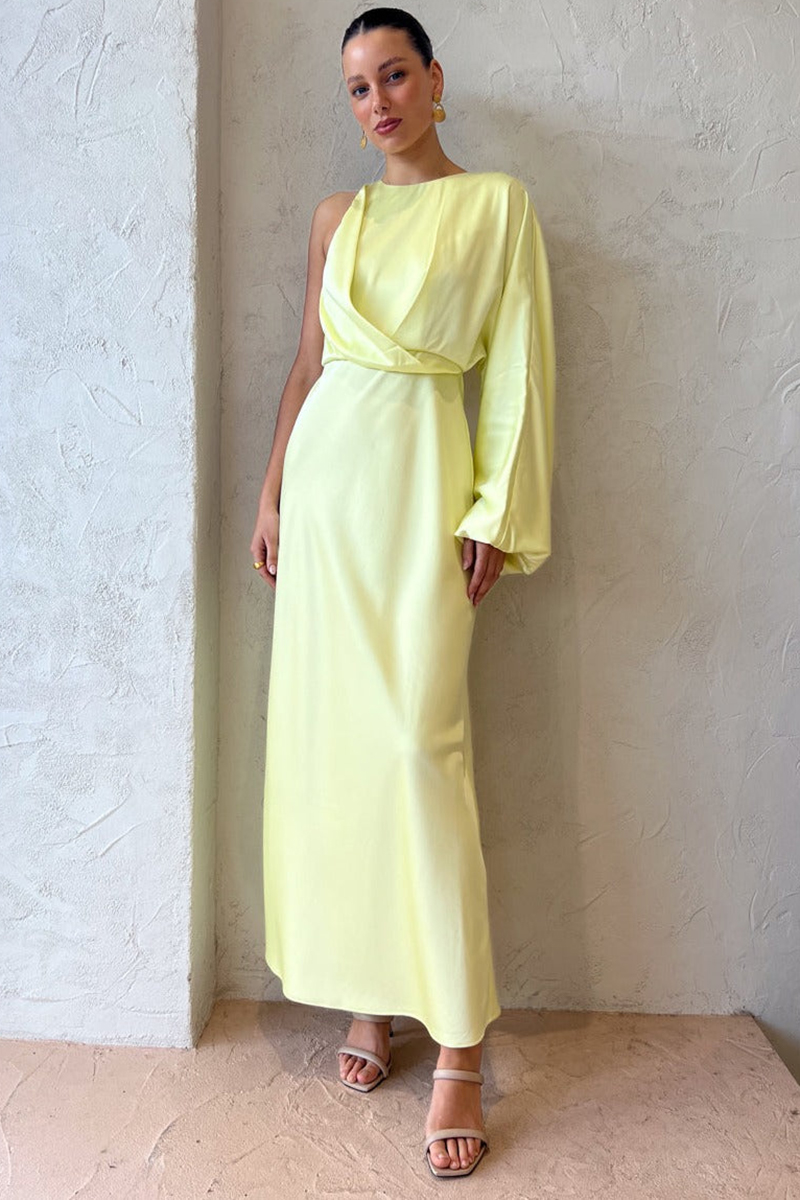 Satin One Shoulder Long Sleeve Slim Elegant Formal Party Midi Dresses-Hayhty.All Rights Reserved.