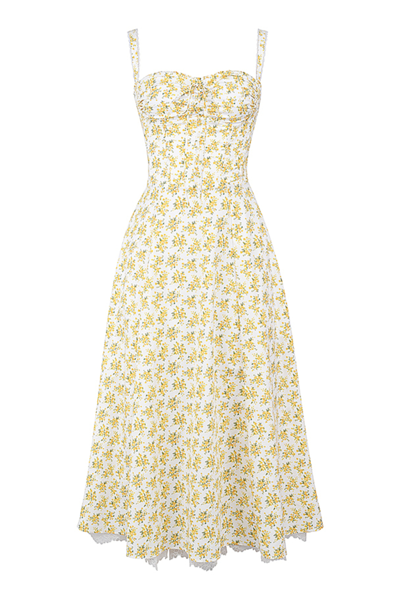 Ditsy Floral Print Cinch Waist Wide Strap Lace Trim Double-Layered Midi Dresses-Yellow-Hayhty.All Rights Reserved.