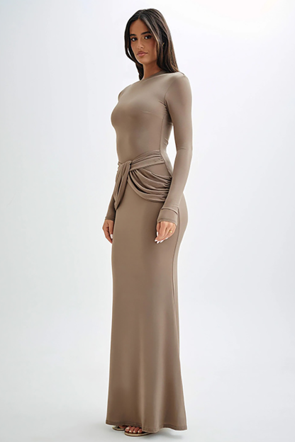 Round Neck Long Sleeve Ruched Bodycon Fishtail Maxi Dresses-Black-Hayhty.All Rights Reserved.