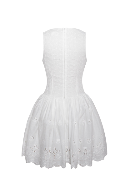V Neck Cinch Waist Hollow Out Pattern Mini Tank Dresses-White-Hayhty.All Rights Reserved.