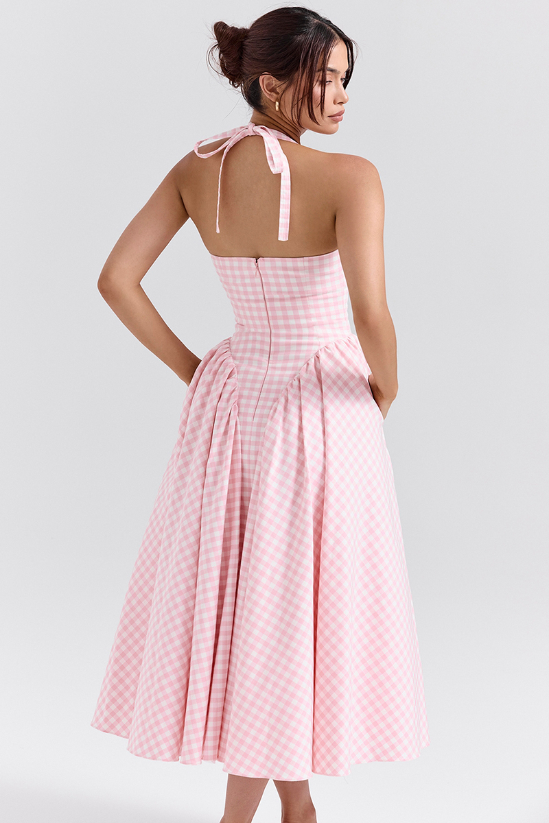 Plaid Print Halter Deep V Neck A-Line Midi Dresses-Pink-Hayhty.All Rights Reserved.