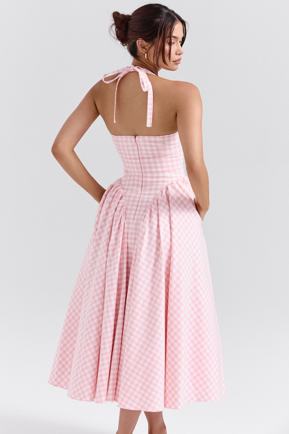 Plaid Print Halter Deep V Neck A-Line Midi Dresses-Pink-Hayhty.All Rights Reserved.