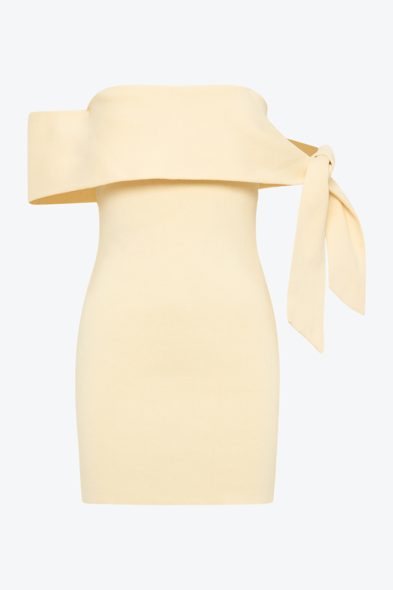 Asymmetrical Tie Up Strapless Bodycon Knit Mini Dresses-Yellow-Hayhty.All Rights Reserved.