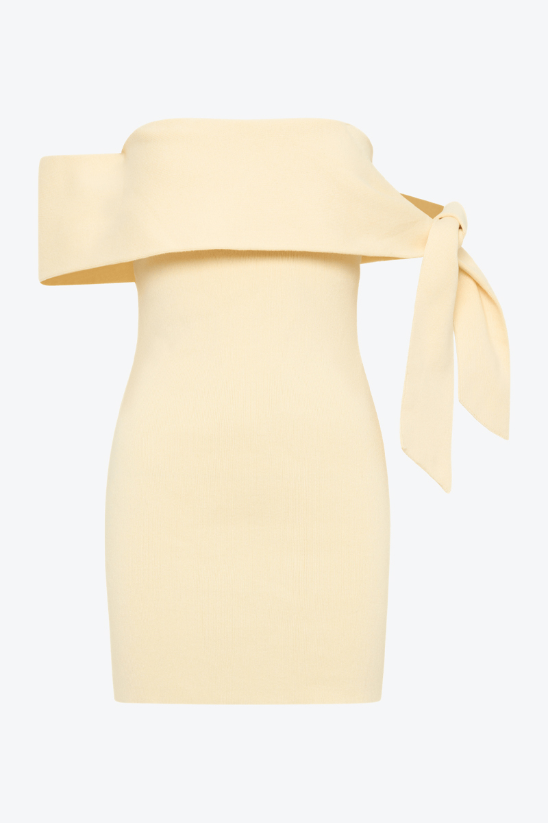 Asymmetrical Tie Up Strapless Bodycon Knit Mini Dresses-Yellow-Hayhty.All Rights Reserved.