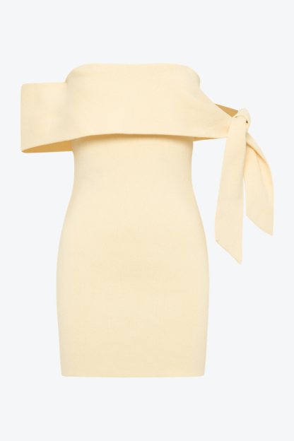 Asymmetrical Tie Up Strapless Bodycon Knit Mini Dresses-Yellow-Hayhty.All Rights Reserved.
