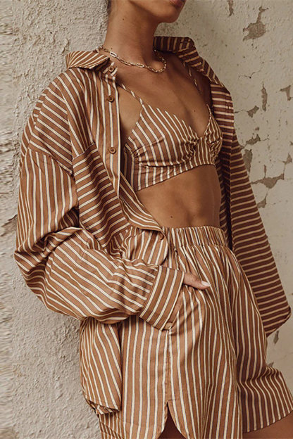 Long Sleeve Blouses Cami Crop Top 3pcs Shorts Set-Hayhty.All Rights Reserved.