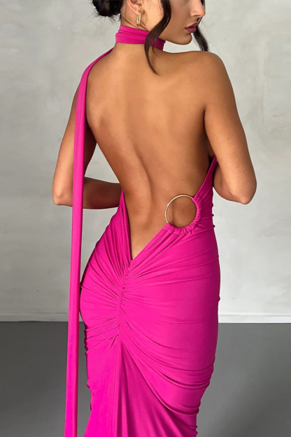 One Shoulder Sleeveless Sash Ring Decor Ruched Backless Elegant Evening Gown White Maxi Dresses-Hayhty.All Rights Reserved.