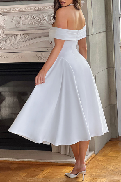 Boat Neck Draped Shoulder Cinch Waist Plain Gowns Midi Dresses-Black-Hayhty.All Rights Reserved.